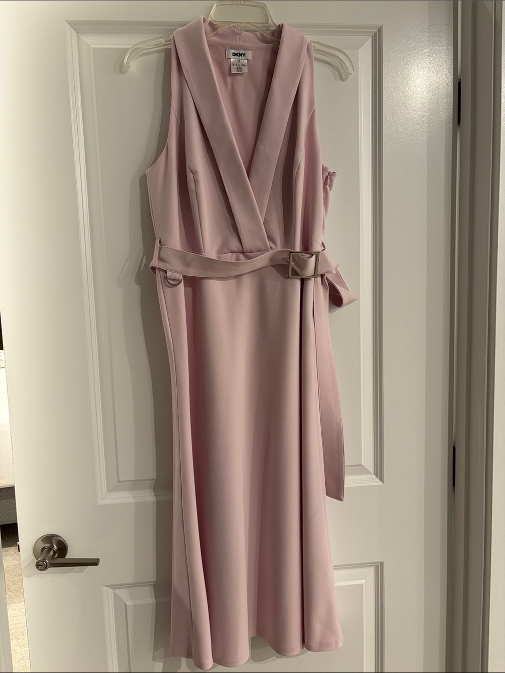 DKNY Light Pink Sleeveless V-Neck Belted Midi Dress